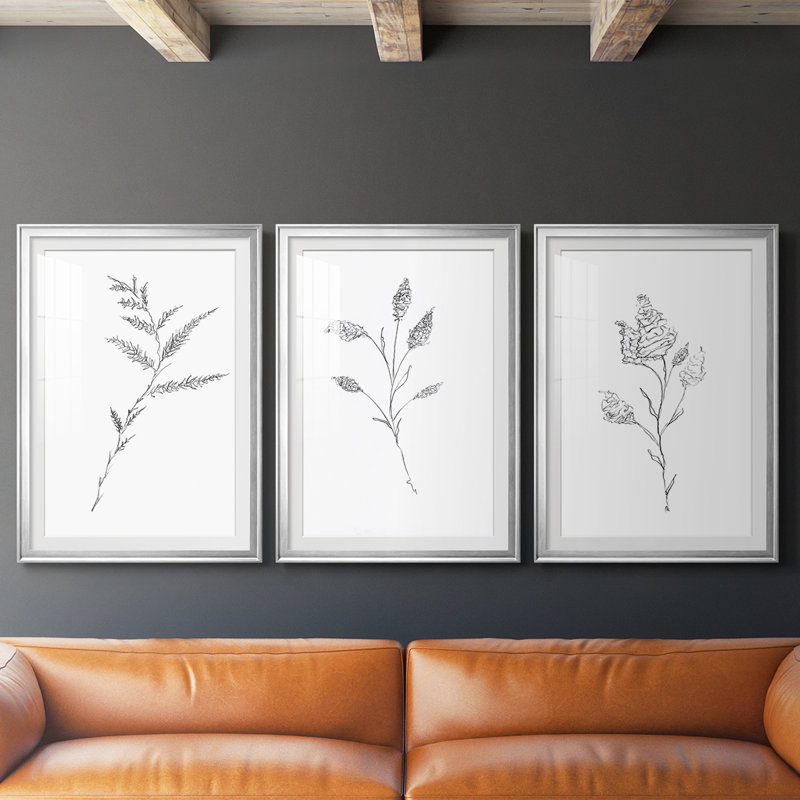 Croquis floral - reproduction encadrée sur mesure de qualité supérieure mate - 3 pièces, H 21 po x l 30 po, Argent argent