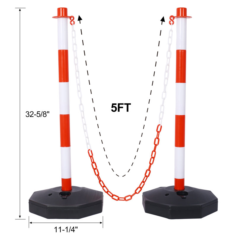 4 Pack Traffic Delineator Post Cones With Fillable Base, 32 5/8" Tall Plastic Safety Barrier With 5ft Chain, White/red Crowd Control Stanchion For Indoor Outdoor Traffic Warning – White/red