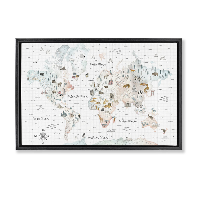  «Whimsical World Traveller Map» par Laura Marshall, H 17 po x l 25 po, Cadre flottant noir de jais