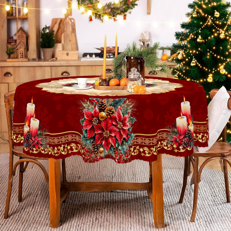 1pc round/rectangular polyester tablecloth, Christmas tablecloth with pine, snowman, truck, embosed edge, Christmas decorations for dining table, festival party holiday table decoration, perfect festival gift