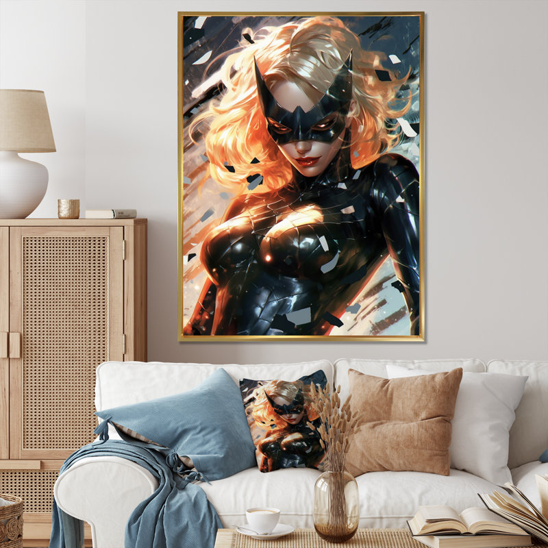 Portrait de femme super-héros sur toile, H 40 po x l 30 po x P 1,5 po, Cadre flottant doré