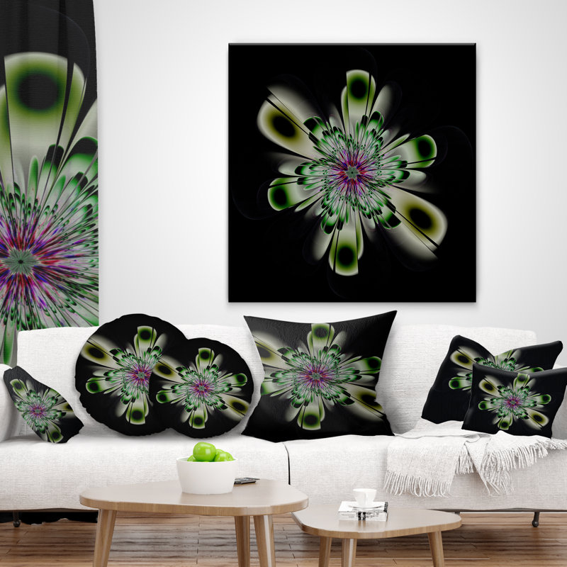 Cristal brillant fleur vert clair fractal - coussin imprimé floral, 16 po x 1 po, Coussin décoratif