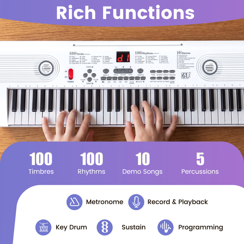 61 Keys Kids Piano Keyboard with Carry Bag Microphone Sheet Stand Power Supply, White