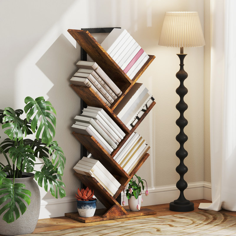 HOMCOM Tree Bookshelf Industrial Bookcase Steel Frame, (7 Shelves) 109cmH x 50cmW x 24cmD, Rustic Brown