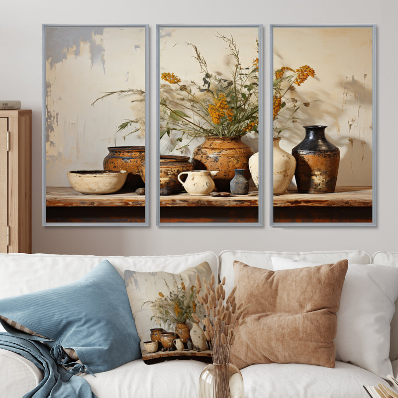 Art floral brun, poterie rétro, art mural Boho, H 32 po x l 48 po x P 1 po, Cadre argenté flottant