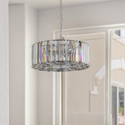 Adjustable Height 17" Chrome Crystal Pendant Chandelier For Modern Ambiance In Living Or Dining Room