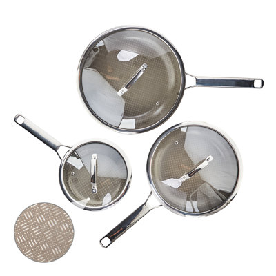 3‑Piece Titanium‑Coated Etched Stainless Steel Skillet Cookware Set Frying Pan Set with Lids