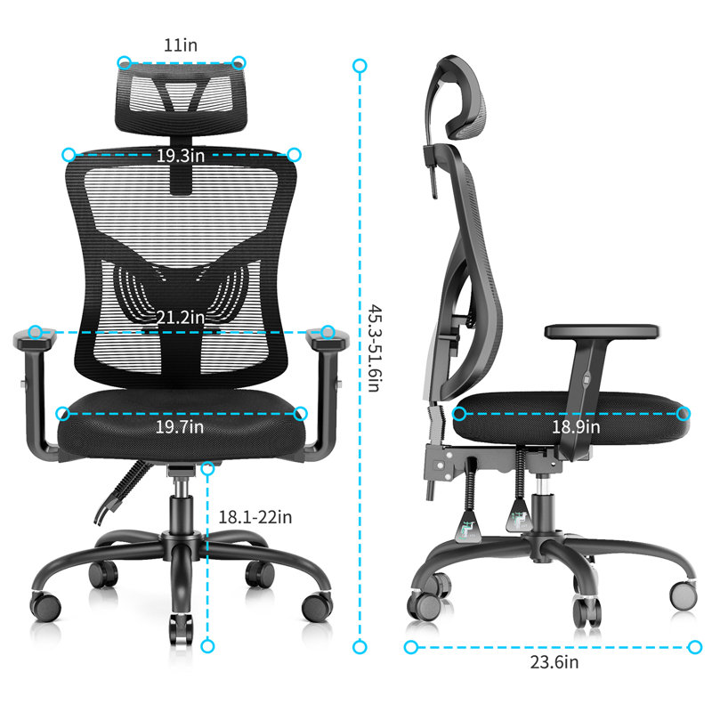 Fauteuil de bureau ergonomique à dossier haut avec support lombaire réglable, appui-tête et accoudoirs 3D
