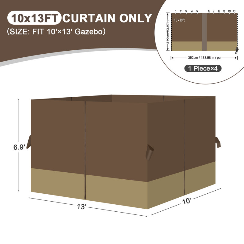 Aoodor Replacement 4-Panel Gazebo Sidewall Curtains, Coffee/Khaki, 82.7" H x 120" W x 156" D
