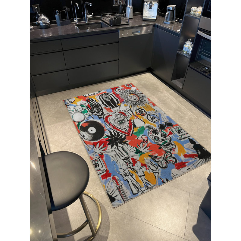 Tapis décoratif multicolore à motif abstrait de crâne rétro, œil et papillon, Tapis de couloir 3 pi 3 po x 9 pi 10 po