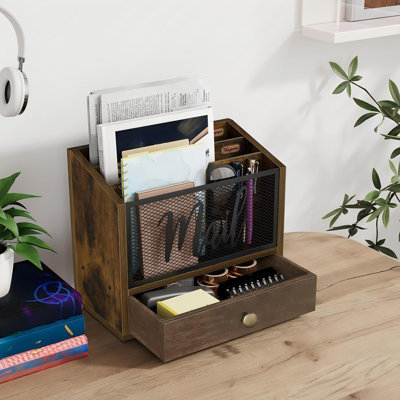 Organisateur de courrier à 3 compartiments et tiroir, trieur de courrier de bureau en bois