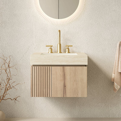 Meuble-lavabo 24 po, armoire de rangement flottante en contreplaqué avec 2 portes, comptoir en pierre frittée Roma Travertine et lavabo en céramique avec 3 trous de robinet pré-percés, pré-assemblé, grain de bois de chêne blanc