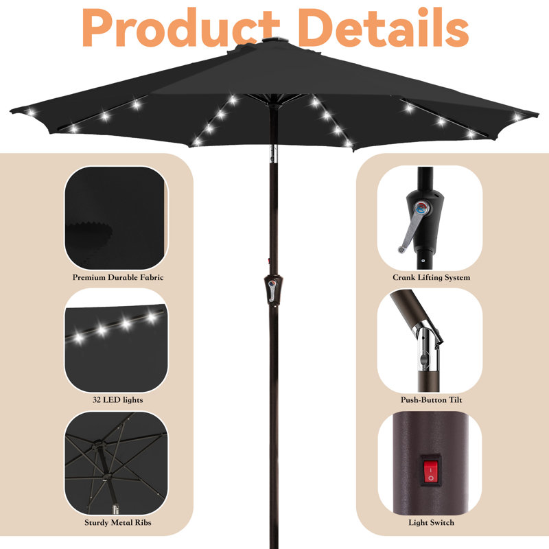 Parasol de marché avec manivelle Beka, H 94,5 po x l 120 po x P 120 po, Noir, noir, noir, noir
