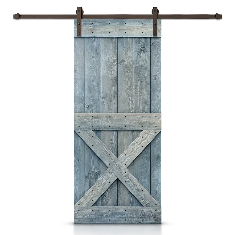 Porte de grange à panneaux et en bois avec quincaillerie d'installation, 38 po x 84 po, Vert sauge, Bronze huilé