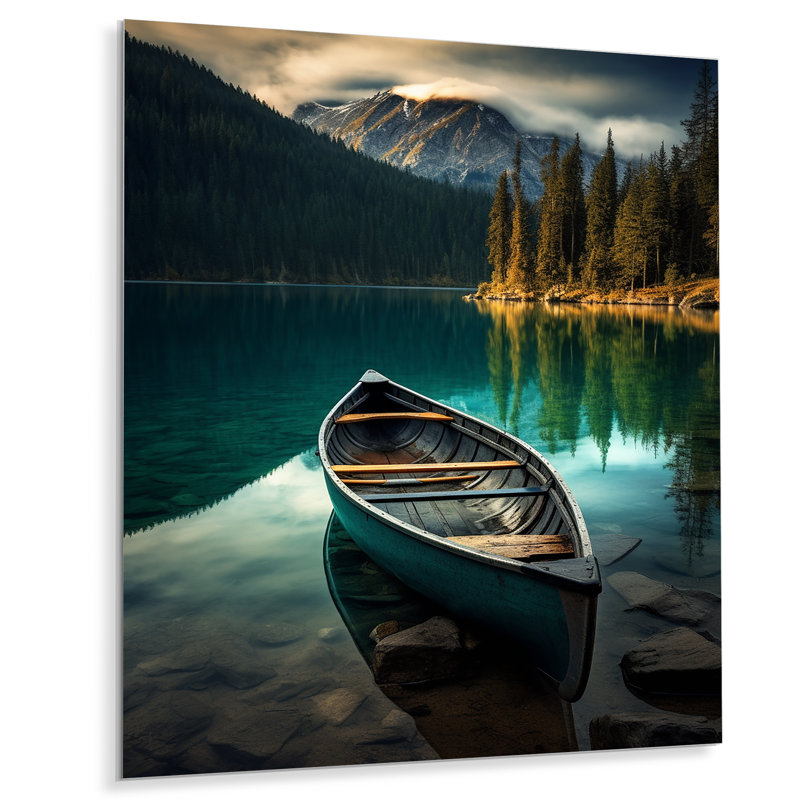 «Canoe on Blue Forest Mountain Lake», reproduction d'art murale en bateau, H 20 po x l 12 po, Sans cadre
