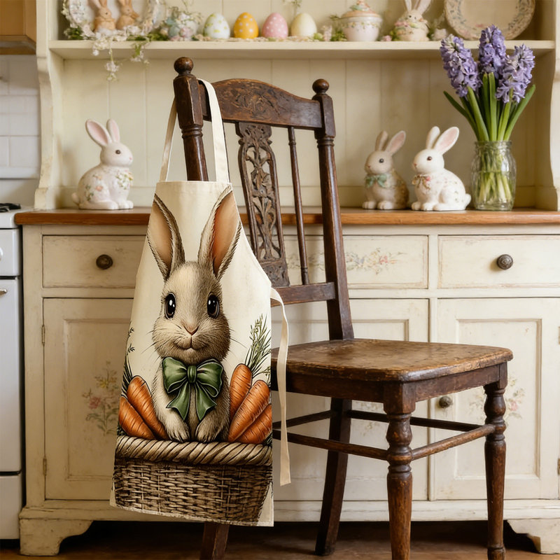 Easter Bunny Print Decorative Apron, Festive Party Kitchen Cooking Apron For Festive Decor, 26.8x21.7in Multicolor, D