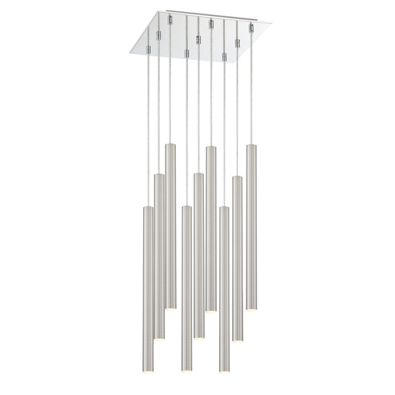Luminaire suspendu cylindrique à 9 lumières DEL Bowning, Nickel satiné