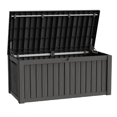 Coffre de rangement extérieur de 340 litres (90 gallons), coffre de terrasse en résine résistant aux intempéries avec couvercle verrouillable, capacité de charge maximale de 204 kg (450 lb) pour coussins de patio, jouets de piscine, outils de jardin et accessoires de plein air