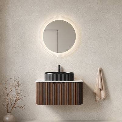 30" Bathroom Vanity With Sink, Modern Wall-Mounted Curved Edges Striped Bathroom Storage Cabinet With A Drawer, Black Ceramic Vessel Basin, NO Faucet, Pre-Assembled, Dark Walnut Woodgrain Colour