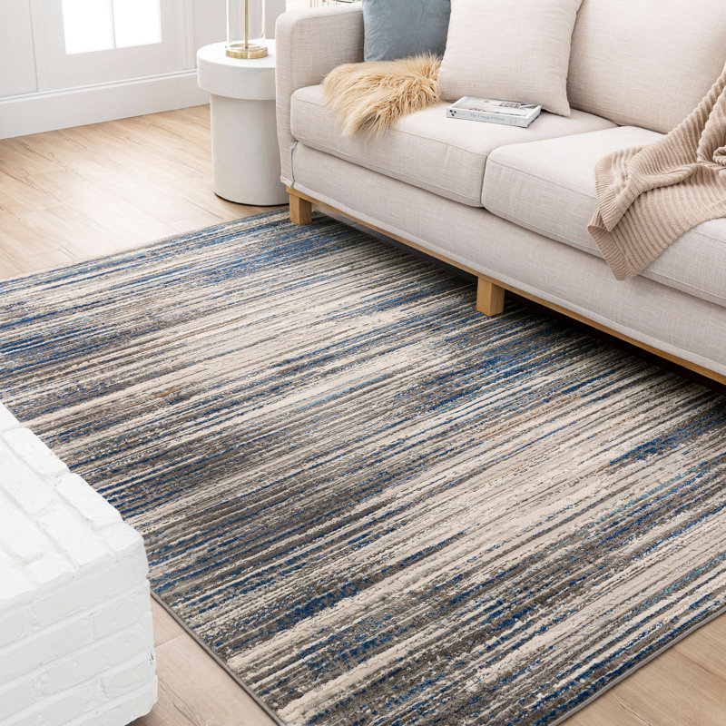 Louque Gray/Dark Blue Modern Abstract Stripe Area Rug, Rectangle 6' x 9'