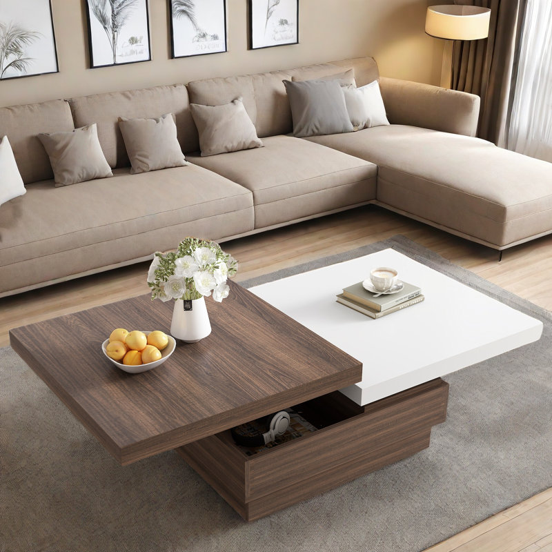 Mohite Modern Square Coffee Table with Rotatable Top, Two Colors Matching and 1 Hidden Storage Space, White/Brown