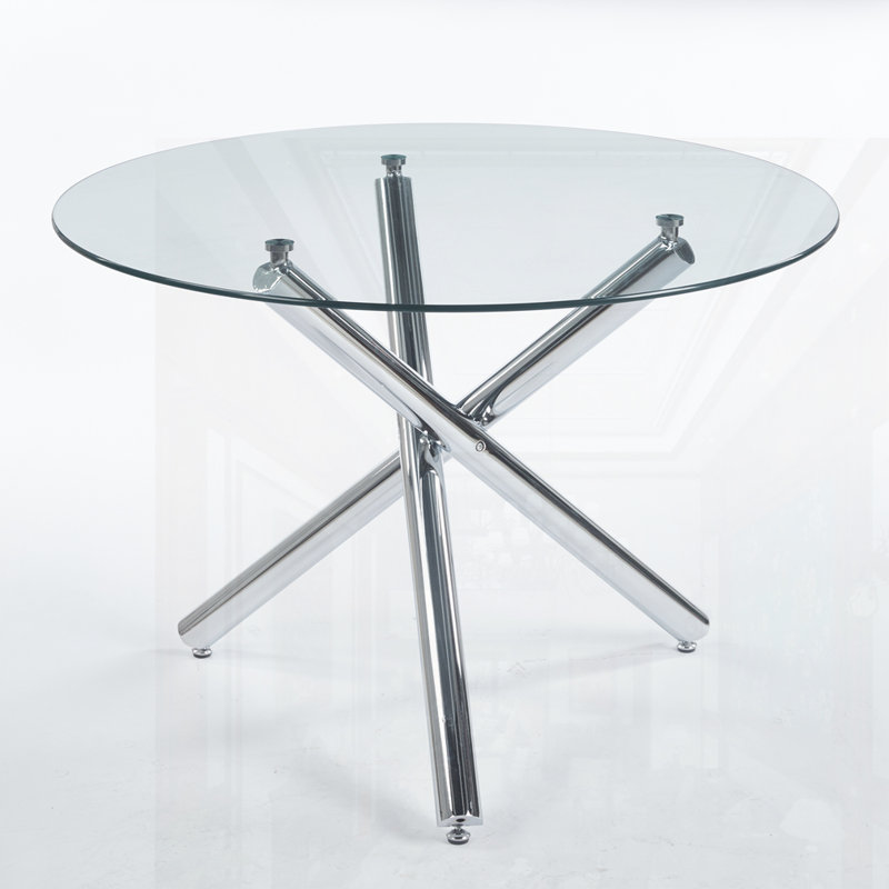 Dining Table with metal leg and glass, Chrome, 29.13"H x 47.24"L x 47.24"W
