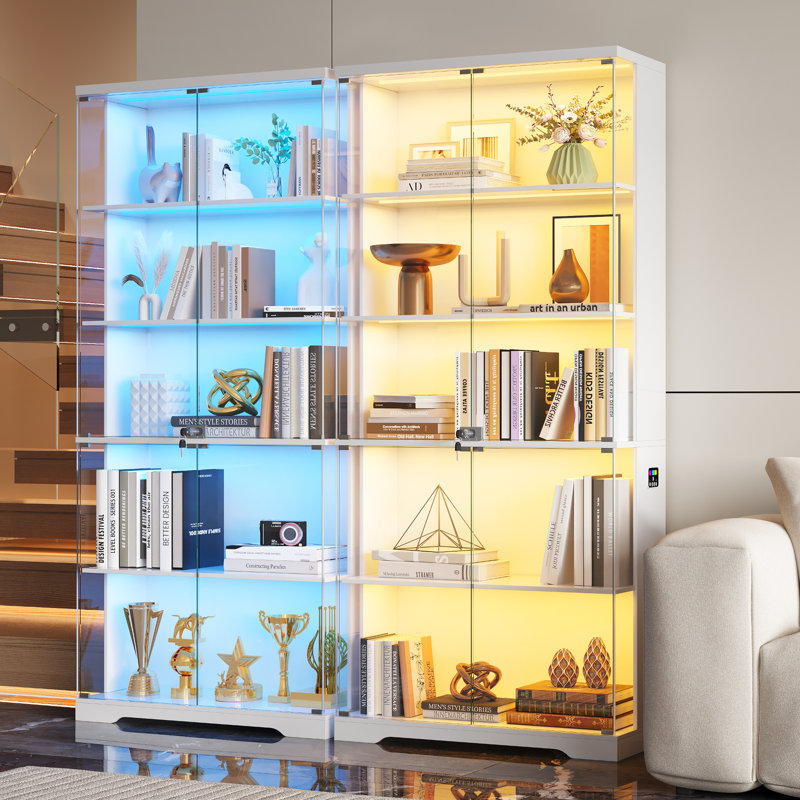 69" H Display Cabinet With Glass Doors,5-Tier Storage Cabinet With Rgb Light& Human Body Sensor, White