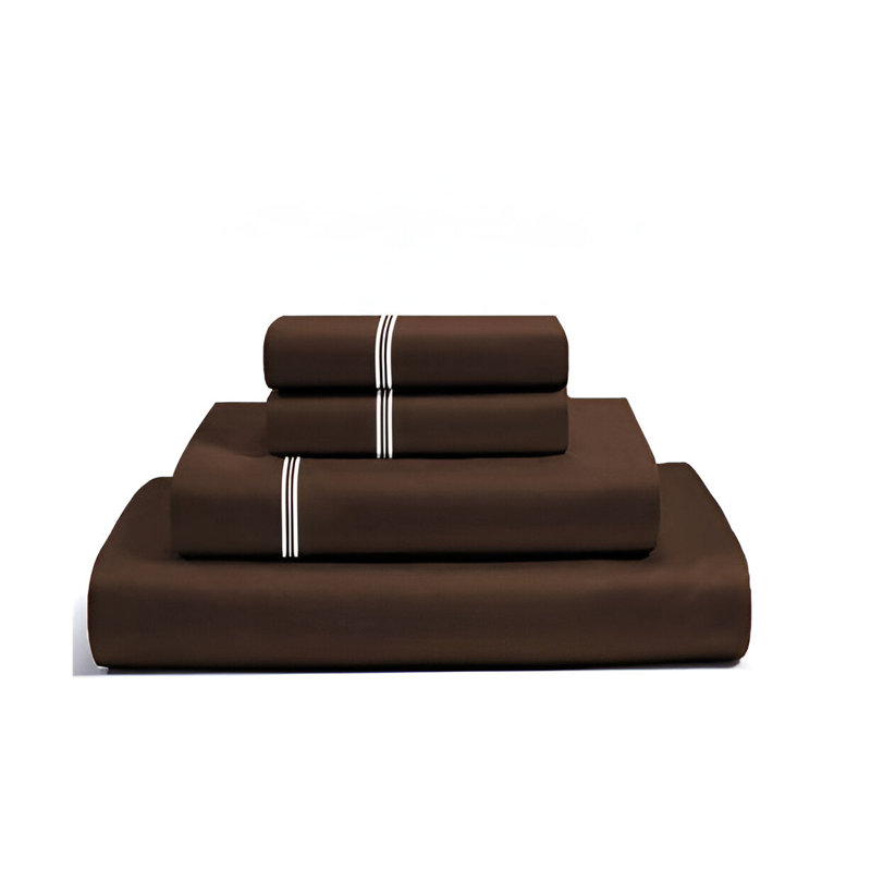 400TC Cotton Classic Luxurious Embroidery Cotton 4 Piece Sheet Set Fitted Sheet Fits Upto 16" Deep Pocket, Chocolate/White