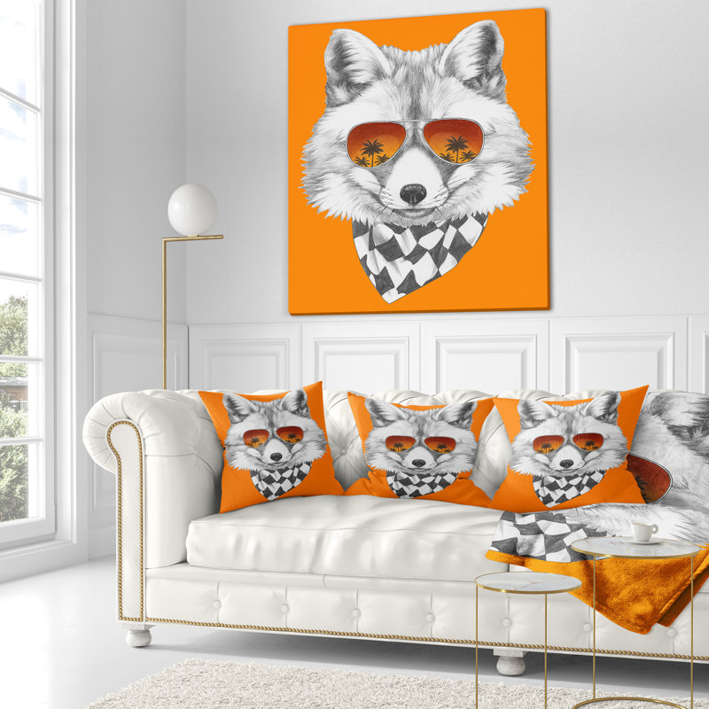 Renard avec miroir et lunettes de soleil - Coussin imprimé animal, 16 po x 1 po, Coussin décoratif
