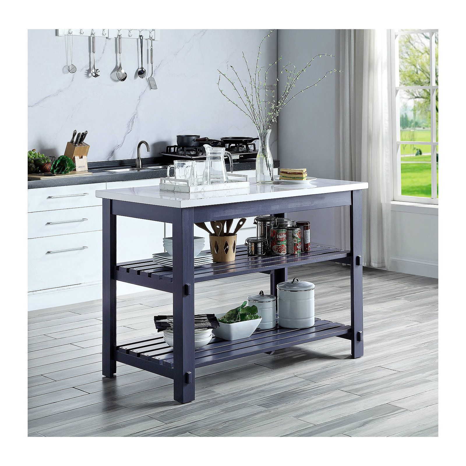 Enapay Kitchen Island In Marble Top, Gray