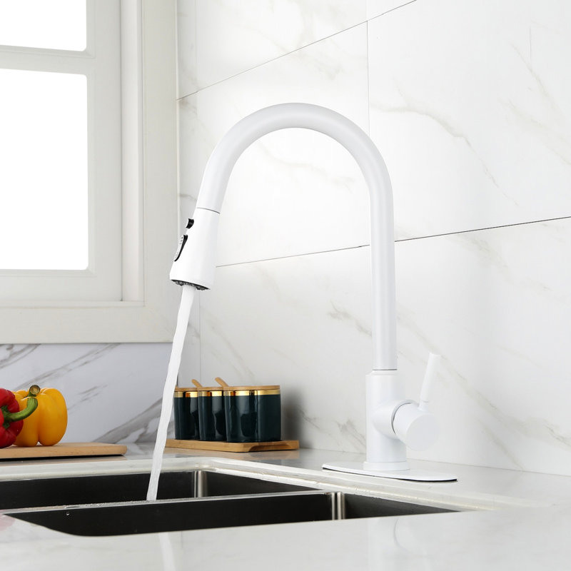 Stainless Steel Kitchen Faucet In White, Pull Out Spray For Convenient And Efficient Kitchen, 360 Rotatable Nozzle, Two Water Output Modes, Simple Single Handle Operation Easy Operations,