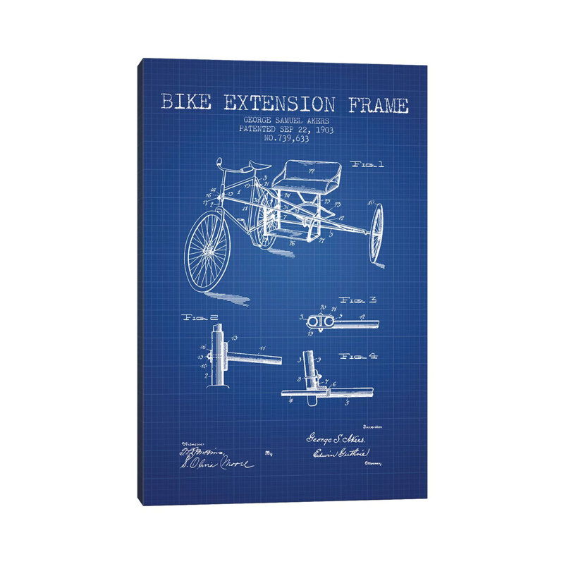 G.W. Akers Bike Extension Frame Patent Sketch (Blue Grid) by Aged Pixel - Wrapped Canvas Gallery-Wrapped Canvas Giclée