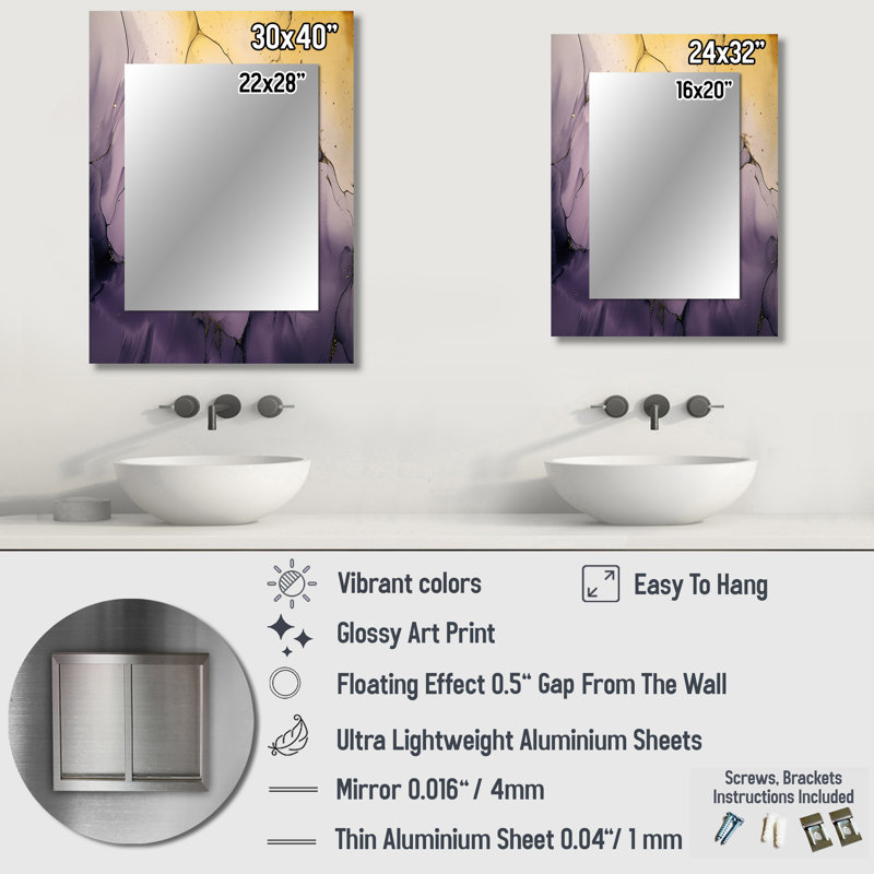 Miroir décoratif fractal Lopp mauve et doré Lopp IV - grand miroir mural moderne et contemporain, impression sur métal