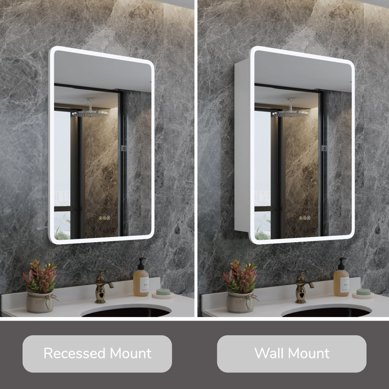 Horatius 20'' W x 28'' H LED Medicine Cabinet with Mirror, ETL Listed, Dimmable Lights, Anti-Fog Defogger, Adjustable Shelves, Extra-Large Storage, Rounded Edge, Recessed or Surface Mount, Frameless Design