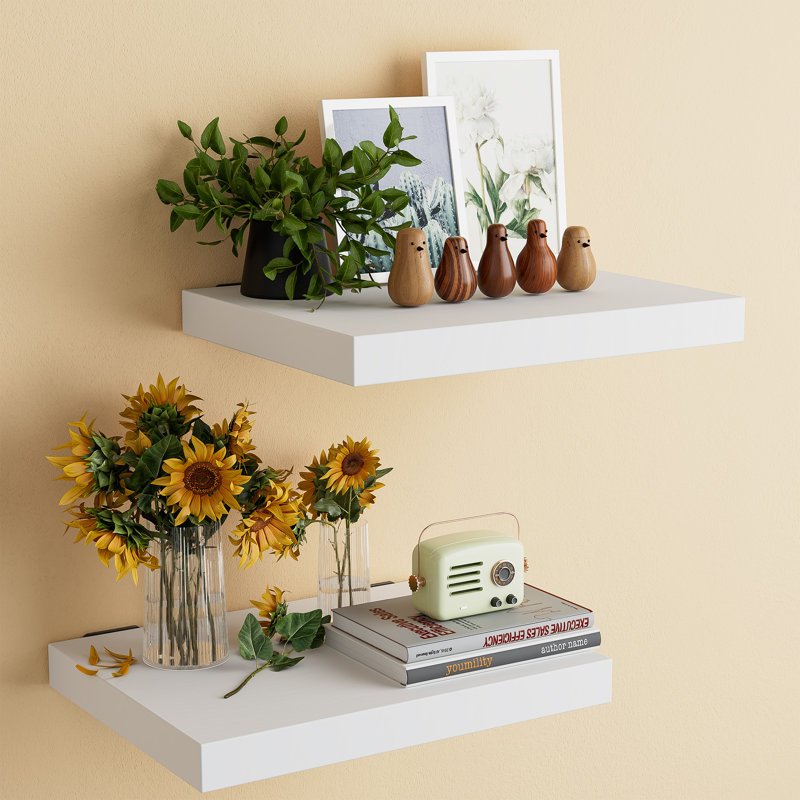 Ensemble de tablettes flottantes robustes en bois massif de 2 à 16 po de largeur x 12 po de profondeur avec supports en L, tablettes en bois pour la décoration intérieure - Blanc