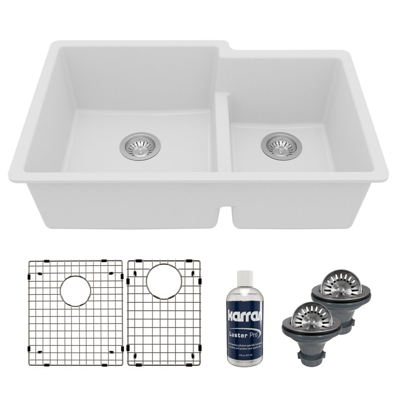 Karran Quartz 32'' X 21-1/4'' Double Bowl 60/40 Undermount Kitchen Sink Kit, White