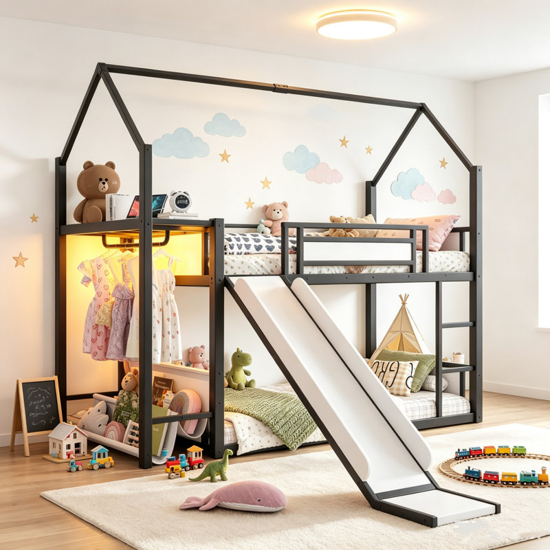 Lit superposé simple au-dessus d'un lit simple en métal, lit superposé avec glissade, support à vêtements et station de charge USB, lit superposé pour enfant avec tablette de rangement, structure de lit superposé pour enfant avec conception à profil bas pour chambre d'enfant