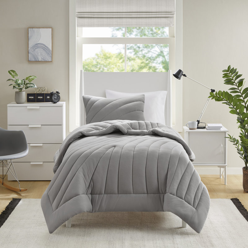 Juniper Gray Jersey Puffy 3-Piece Full/Queen Comforter Set, Full / Queen Comforter + 2 Standard Shams, Gray
