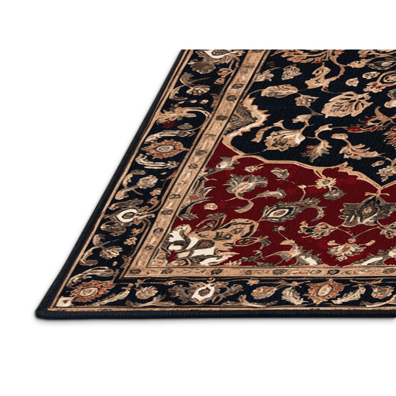 Tapis persan noir lavable à la machine, Rond 5 pi