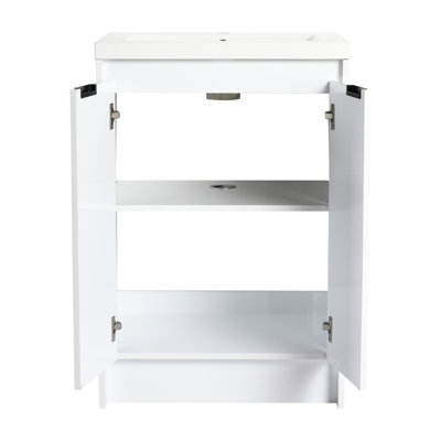24" Glossy White Freestanding Vanity For Bathroom, Resin Sink, Soft Doors With Quiet Closing, Adjustable Storage Areas Hinged Smooth Space