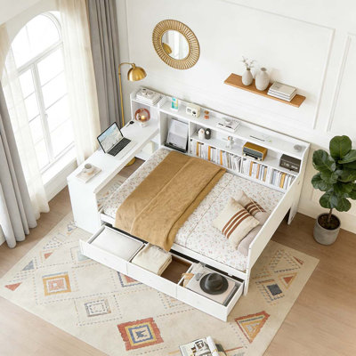 Lit de jour double en bois avec 3 tiroirs, ports USB et bureau
