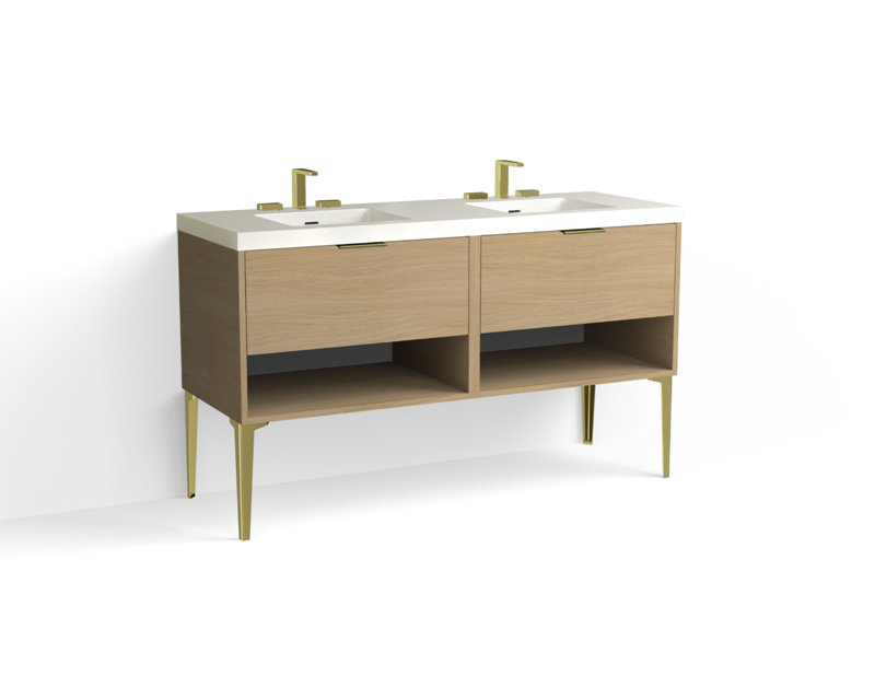 Modo 60" W Freestanding Double Bathroom Vanity with Dean Leg, Gloss White/Single, Biondo, Satin Brass