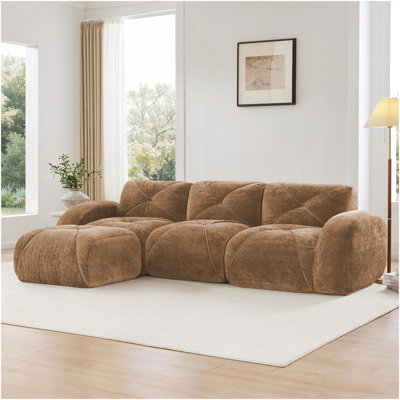 Tissu en velours doux en forme de L, canapé désossé, conception touffetée, fond ergonomique, éponge haute densité 32D, fond sans assemblage requis, conception antidérapante, repose-pieds mobile pour le salon, chameau