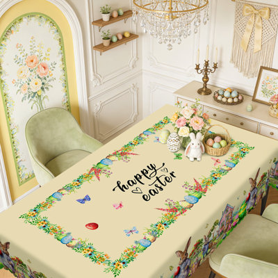 Nappe Happy Pâques - nappe en tissu à motif de couronne florale et de lapin, nappe ronde / rectangulaire réutilisable pour le brunch de Pâques, fête des Fêtes | Nappe décorative à thème festif "Joyeuses Pâques", convient aux tables de salle à manger