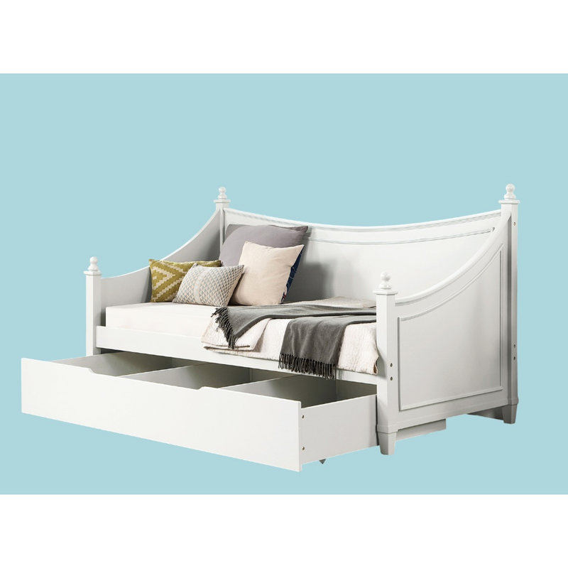 Lit de jour simple blanc de style transitionnel, conception à moulures, affiche avec faîteaux, bois massif et bois d'ingénierie, installation de matelas pour les petits espaces avec option