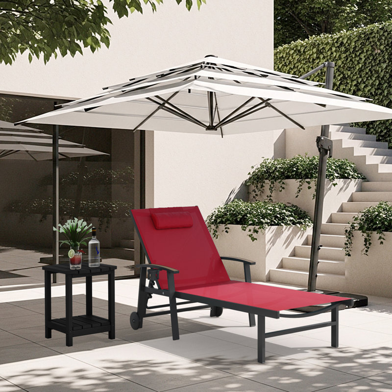 Outdoor Patio Adjustale Chaise Lounge Chair With Wheels And Armrests, Red