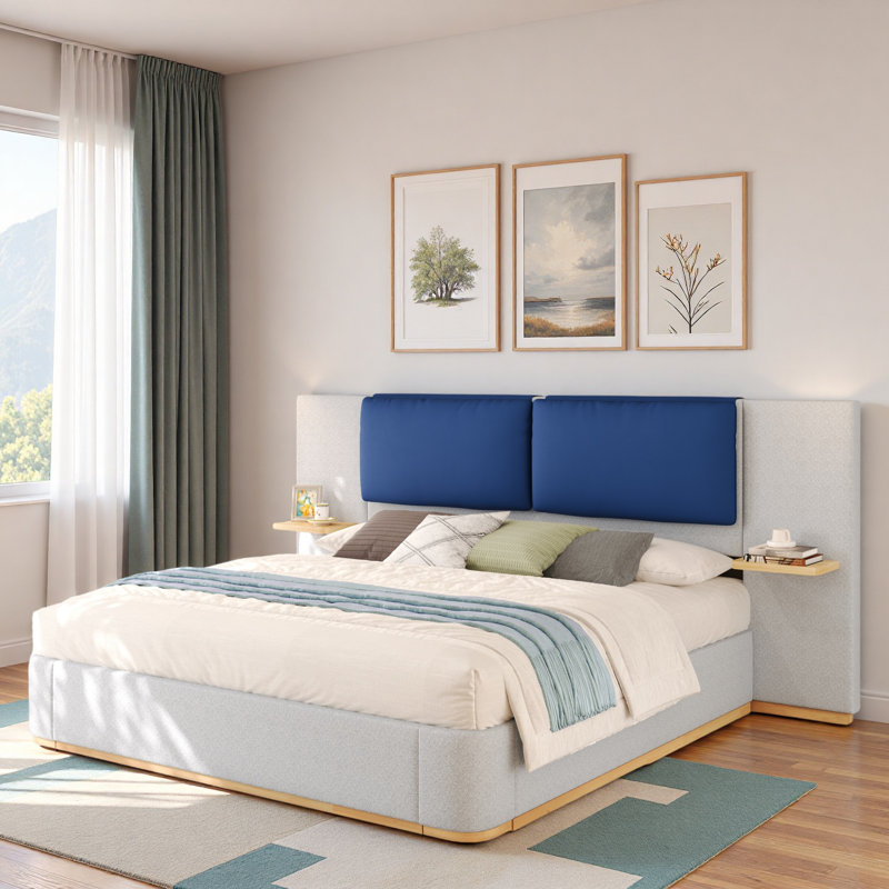 Lit plateforme tapissier avec tablettes, Gris/bleu marine, Grand lit