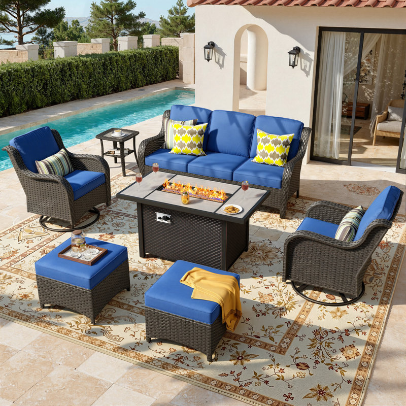 Patio Rattan Sofa Seating Group with Cushions, Brown Frame/Navy Blue Cushion, Yes