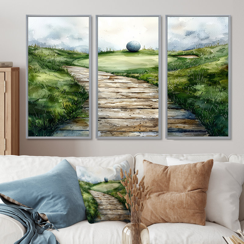«Greens and Dreams», terrain de golf paysage IV - art mural grand golf - 3 panneaux, H 28 po x l 36 po, Argent argent