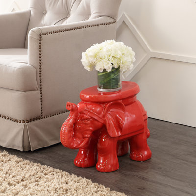White Elephant 14.25" Bohemian Glazed Red Ceramic Elephant Garden Stool, Weather-Resistant Indoor/Outdoor Patio Side Table & Plant Stand